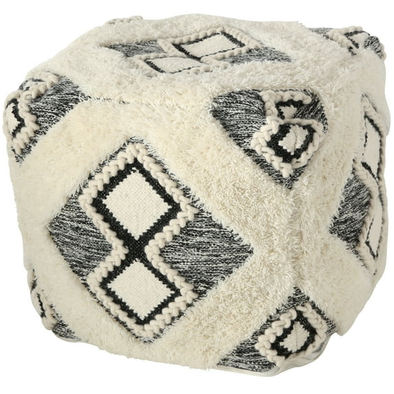 Fringy Big Boho Ottoman Pouf, Cotton, Wood and Beans, Black and White Tribal Cube, 19.75 Inches