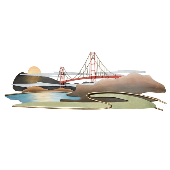 Frisco Bay Golden Gate Bridge at Sunset Metal Wall Sculpture, River, Banks and Clouds, Earth Tones, Plated Steel, Measures 17 by 51 Inches, JasonW Studios Exclusive Design