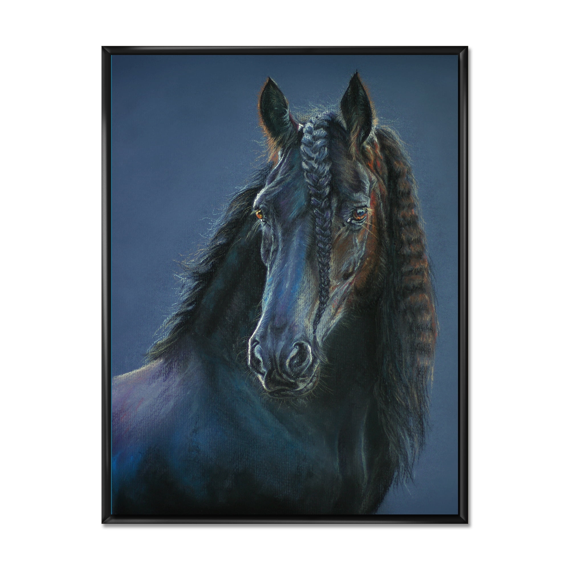 Frisian Black Horse Portrait 30 in x 40 in Framed Photography Canvas Art Print, by Designart