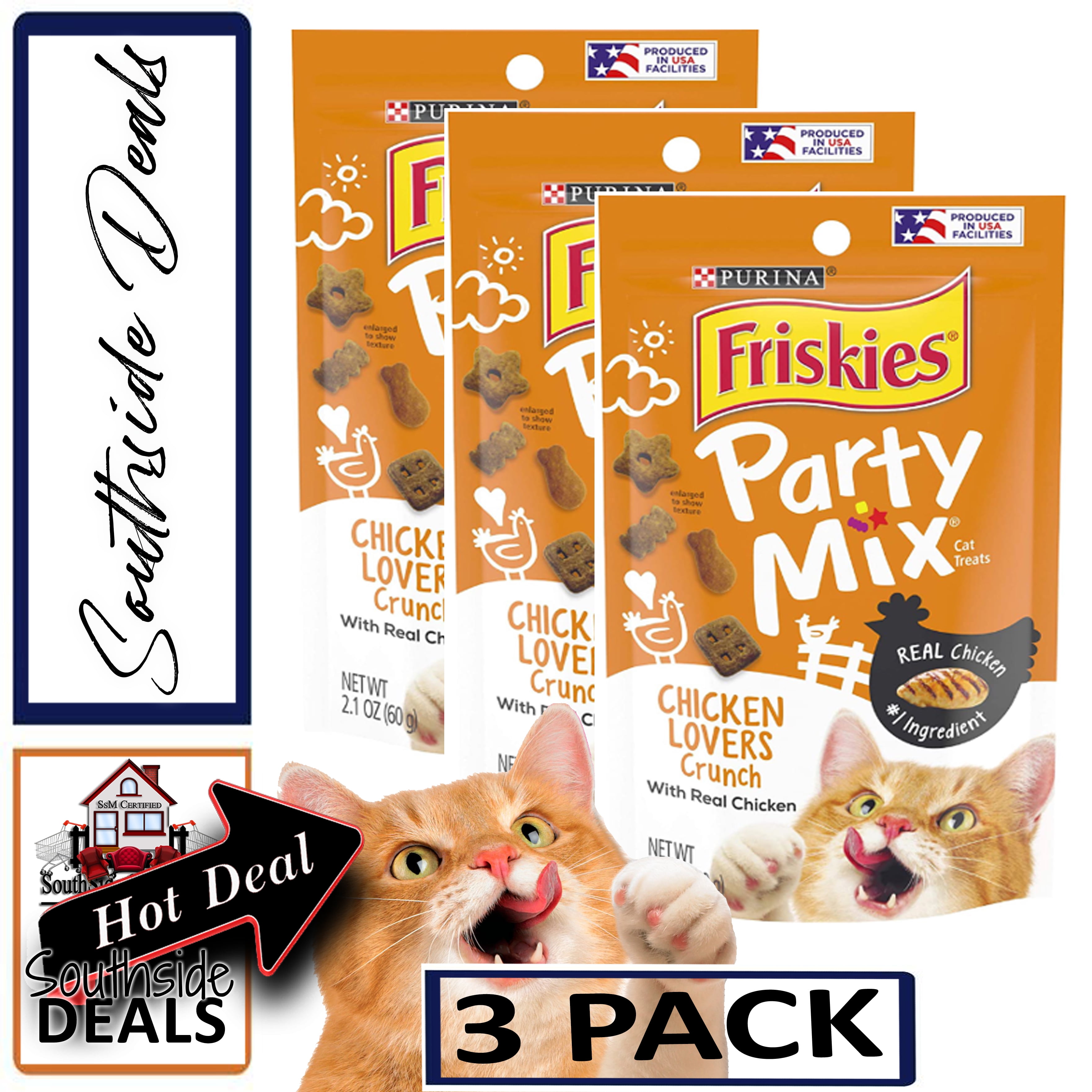 Friskies (3 Pack) Purina Party Mix Cat Treats Chicken Lovers Crunch, 2.