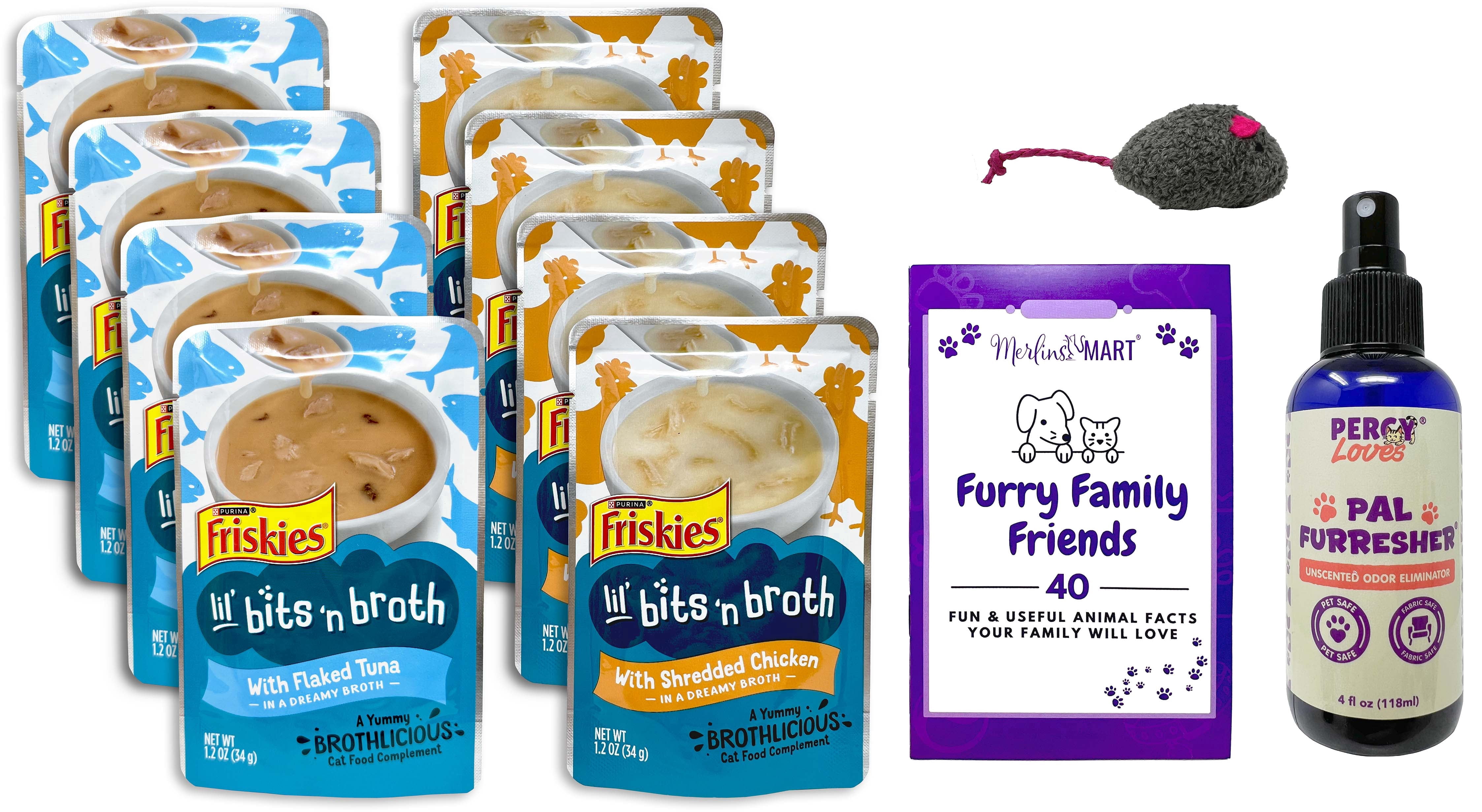 Friskies Bits n Broth - Lil Slurprises Topper - 2 Flavors; 4 Each: Flaked Tuna, Shredded Chicken | Percy Loves Pet Furresher, Cat Toy, MerlinsMart Zine