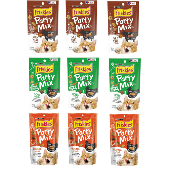 Friskies Cat Treat Party Mix Love Pack 2.1 oz 3(Original Crunch (Chicken, Liver & Turkey), 3Wild West (Beef, Liver & Cheddar),3Picnic (Chicken, Turkey & Cheddar Flavors) , 9 PACK