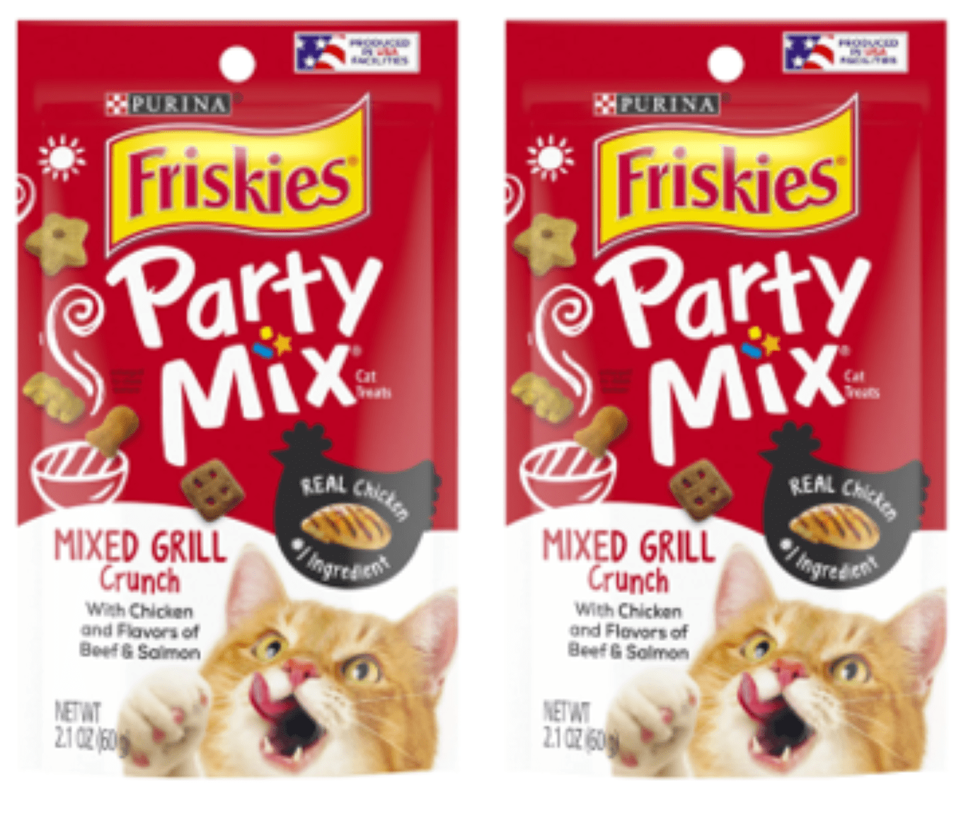 Friskies Cat Treats, Party Mix Mixed Grill Crunch, 2.1 oz. Pouch - Pack of 2