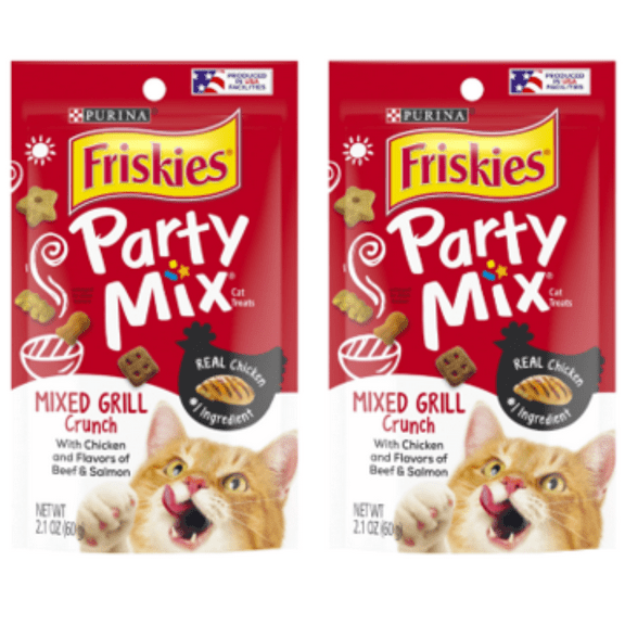 Friskies Cat Treats, Party Mix Mixed Grill Crunch, 2.1 oz. Pouch - Pack of 2