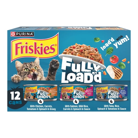 Friskies Fully Loadd Chicken, Salmon, & Tuna Flavor Chunks Wet Cat Food Variety Pack, 5.5 oz. Cans (12 Pack)