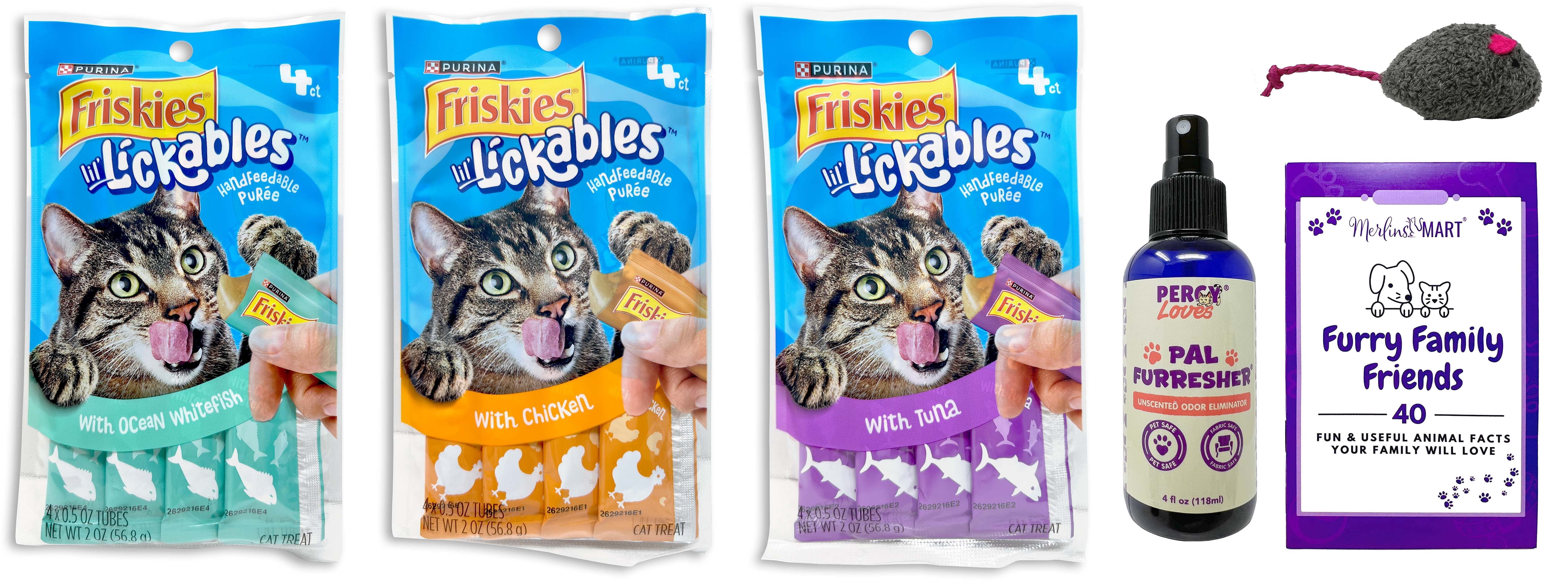 Friskies Lickables Cat Food - 3 Flavors (1) Each: Ocean Whitefish, Chicken, Tuna  | MerlinsMart Zine, Percy Loves Pal Furresher, & Catnip Toy