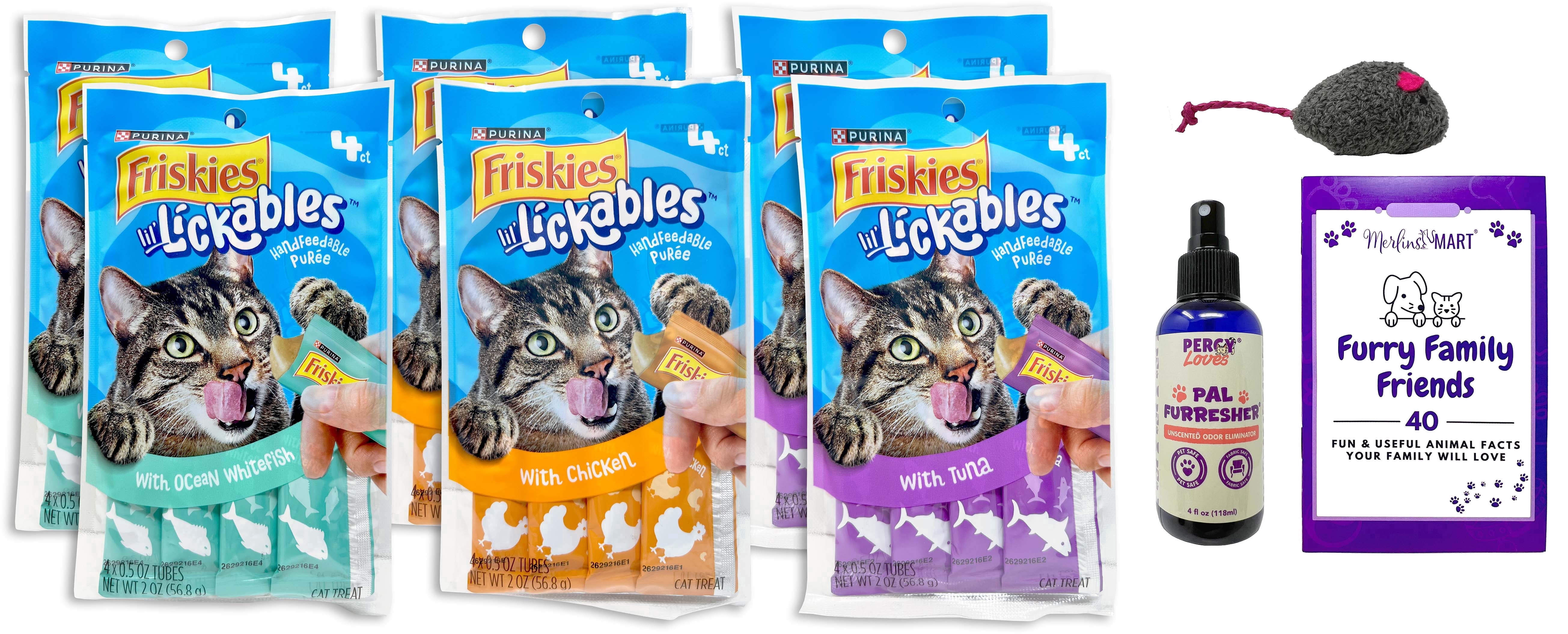 Friskies Lil Lickables Treat - Ocean Whitefish, Chicken, Tuna - 6 Packs of 4, MerlinsMart Zine, PercyLoves Pal Furresher, Cat Toy