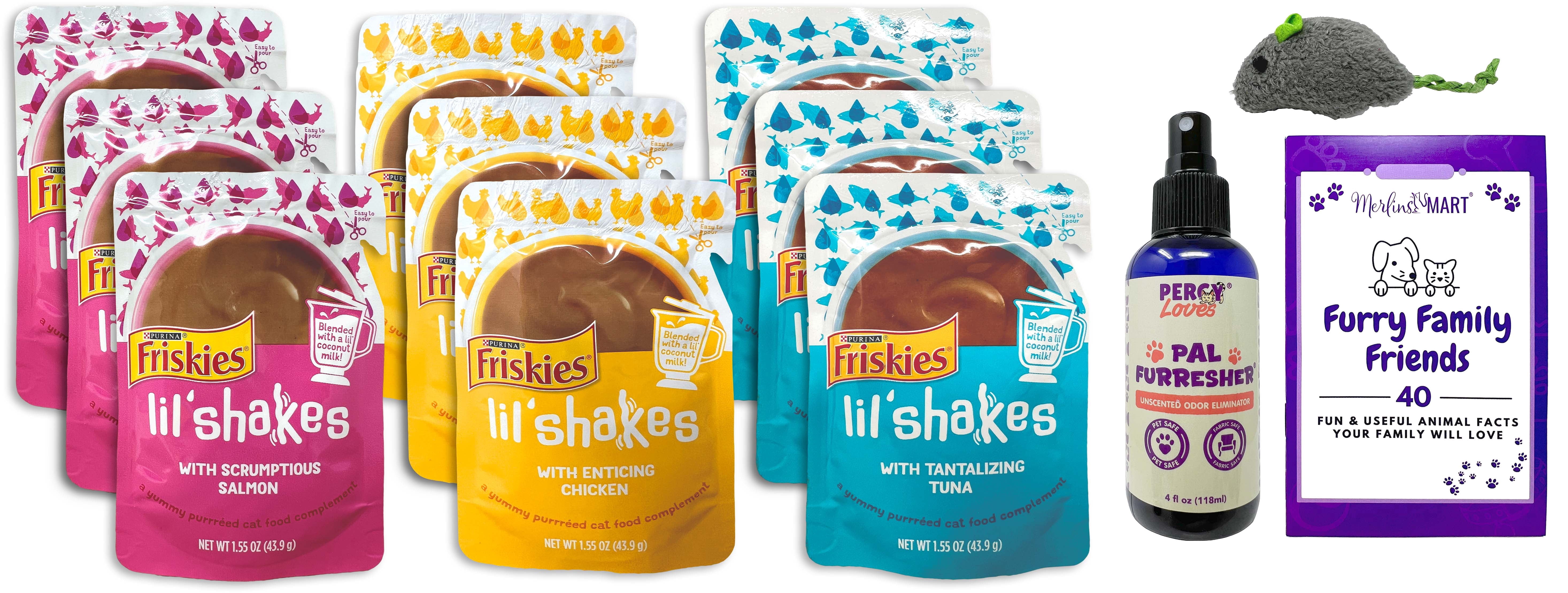 Friskies Lil' Shakes Gravy Cat Food - 3 Flavors (3) Each: Salmon, Chicken, Tuna | MerlinsMart Zine, Percy Loves Pal Furresher, & Catnip Toy