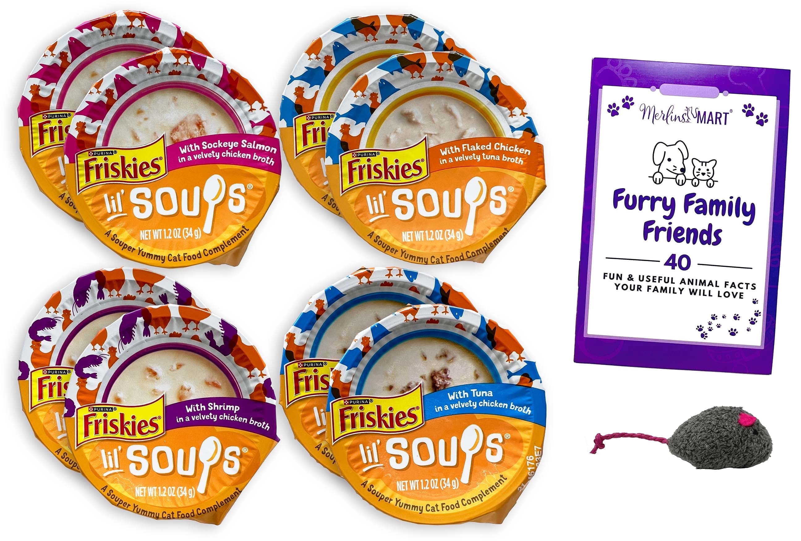 Friskies Lil Soups Adult Cat Food Topper Variety - 4 flavors - 2 each: Salmon, Chicken, Tuna, Shrimp (1.2 oz.) + MerlinsMart Zine | Catnip Toy