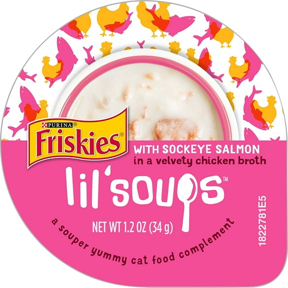 Friskies Lil' Soups With Sockeye Salmon in a Velvety Chicken Broth Adult Wet Cat Food Complement, 1.2 OZ (Pack of 8)