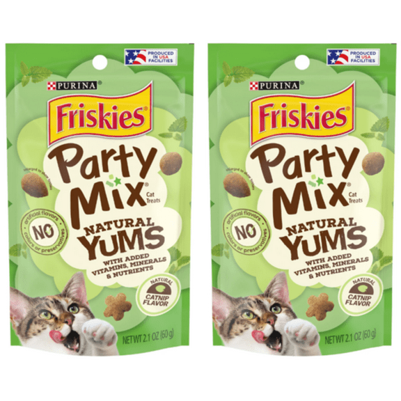 Friskies , Natural Cat Treats, Party Mix Natural Yums Catnip Flavor, 2.1 oz. Pouch- Pack of 2