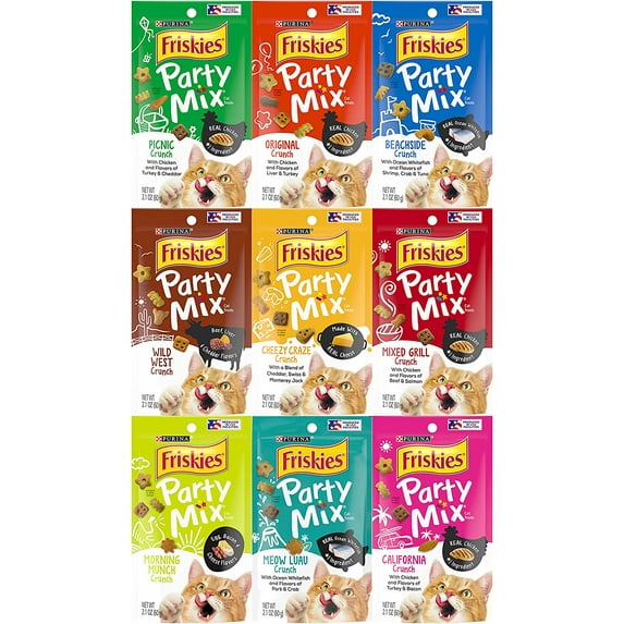Friskies Party Mix Crunch Variety Pack (9 Flavors) - Wild West, Morning Munch, Mixed Grill, Picnic, Beachside, Cheezy Craze, Original, California Dreamin', and Meow Luau
