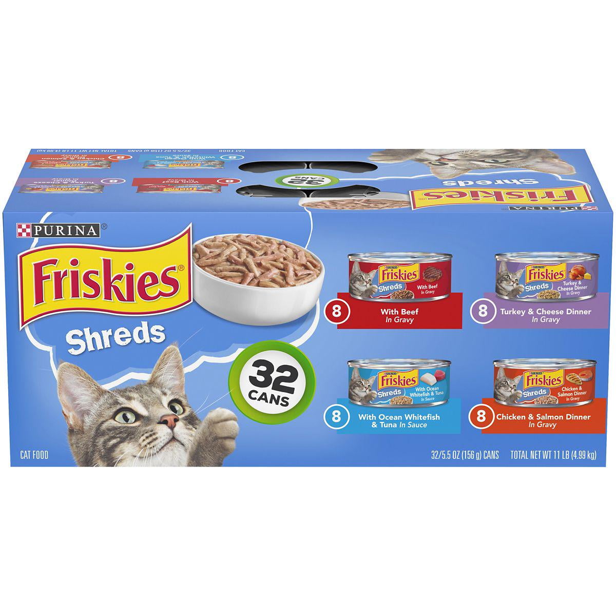 Friskies Savory Adult Beef, Turkey, Tuna, Chicken and Salmon Shreds in Gravy Wet Cat Food Variety Pack, 5.5 oz. Can, Pack of 32