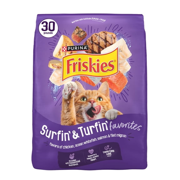 Purina Friskies Surfin and Turfin Dry Cat Food Flavors of Chicken, Whitefish, Salmon and Filet Mignon, 30 lb.
