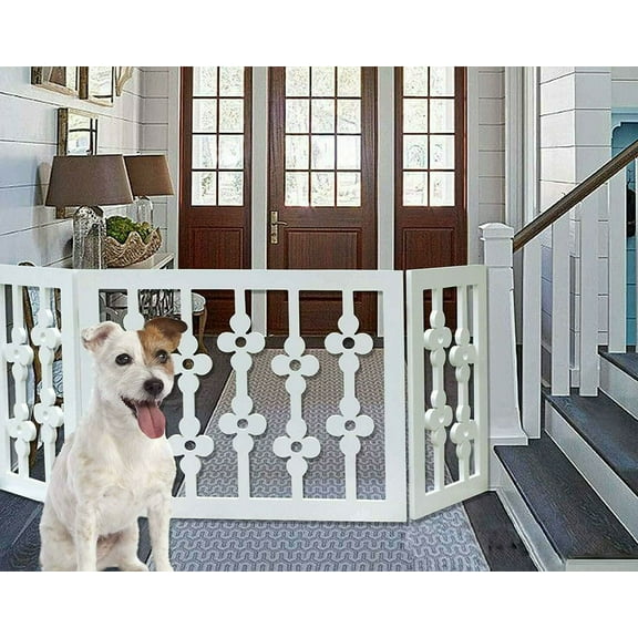Frisky Friends Wooden Freestanding Pet Gate, Extra Wide Adjustable, Expands to 47" Wide