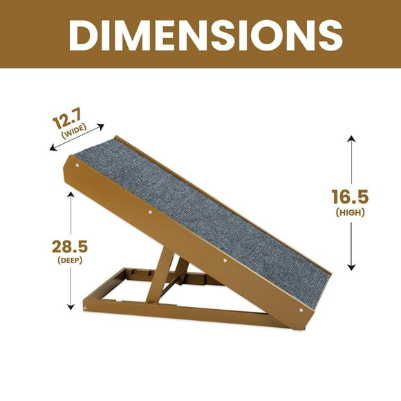Frisky Friends Pet Ramp with Non-Slip Carpet Surface,  For Bed, Couch, Car - Dog, Puppy, Cats Kittens - Natural Wood
