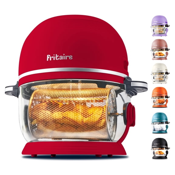 Fritaire Self-Cleaning Glass Bowl Air Fryer, 5 Qt, 6 Functions, BPA Free, Rotisserie/Tumbler, Cherry