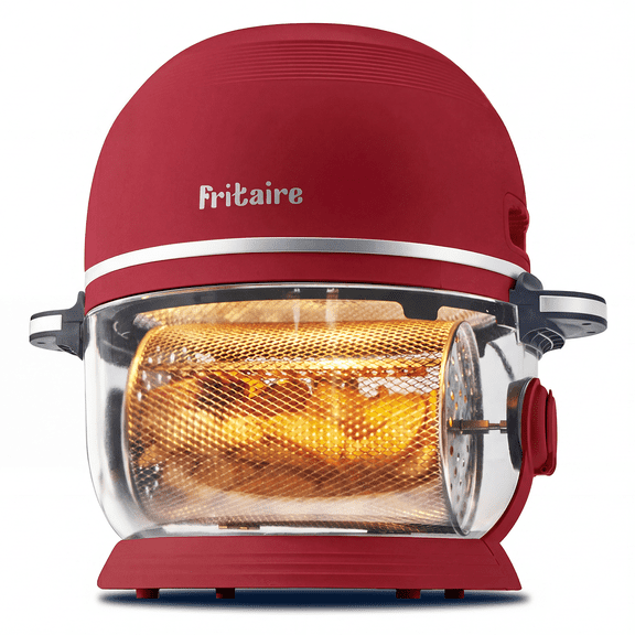 Fritaire Self-Cleaning Glass Bowl Air Fryer, 5 Qt, 6 Functions, BPA Free, Rotisserie/Tumbler, Cherry