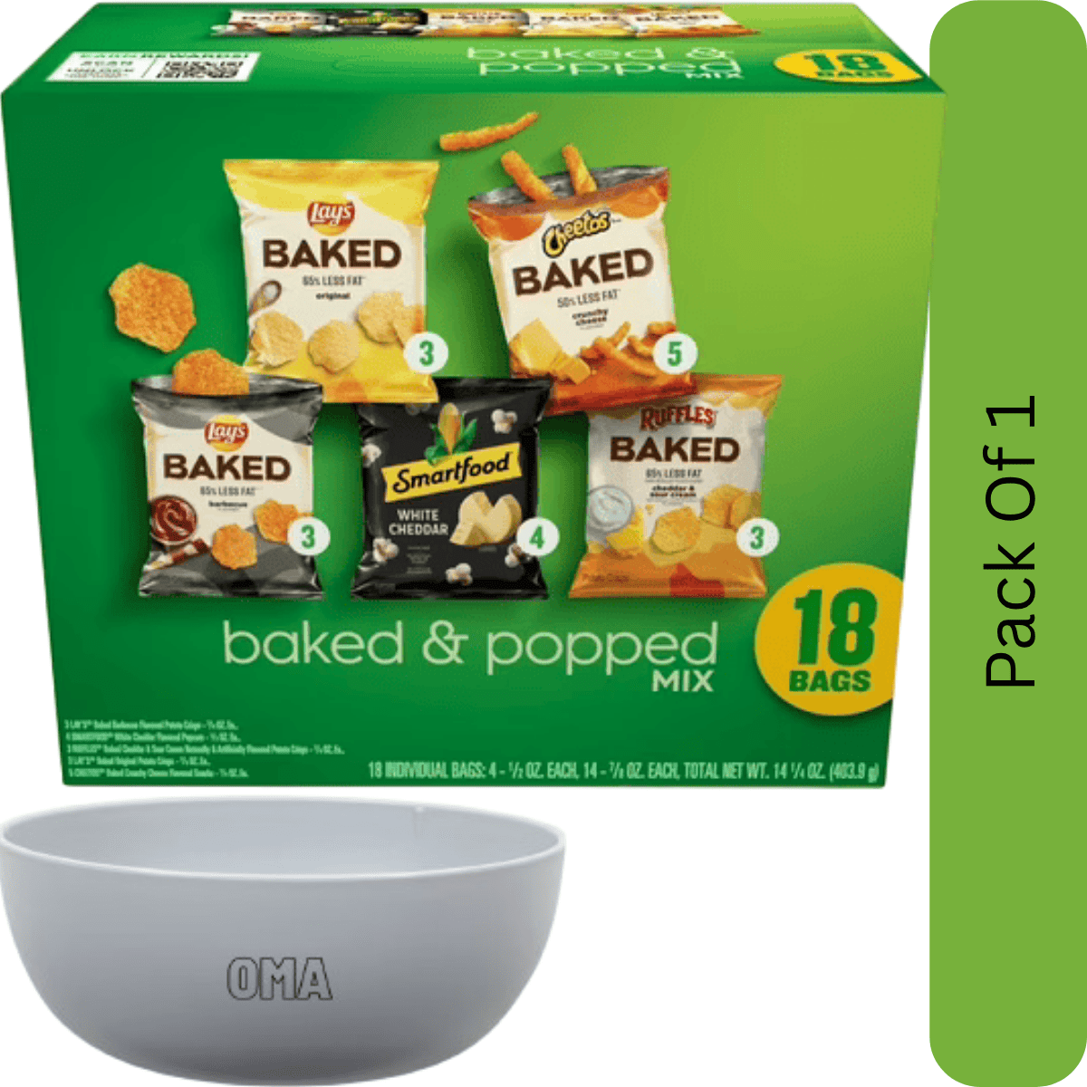 Frito-Lay Baked and Popped Mix Variety Pack Snack Chips – 18 Count Multipack- With White Bowl By OMA