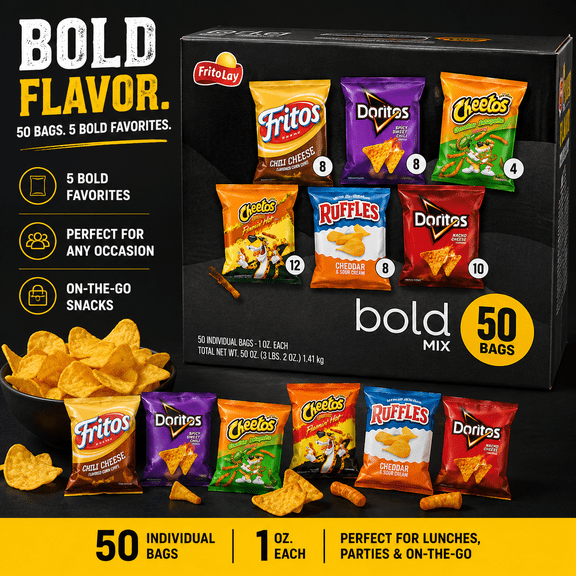 Frito-Lay Bold Mix Variety Pack, Assorted Chips & Snacks, 1 oz Individual Bags, 50 Count