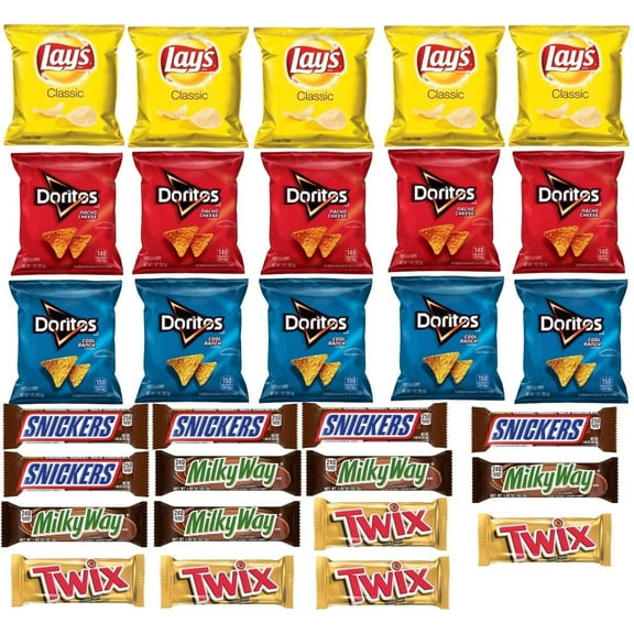 Frito-Lay Classic, Doritos Nacho Cheese, Cool Ranch chips, Snickers, Milky Way and Twix Verity Snack Pack Mix 30 Piece Assortment