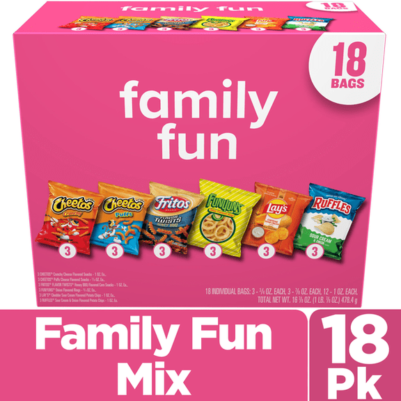 Frito Lay Family Fun Mix Variety Pack, 18-Count Assorted Chips & Snacks, Individually Wrapped