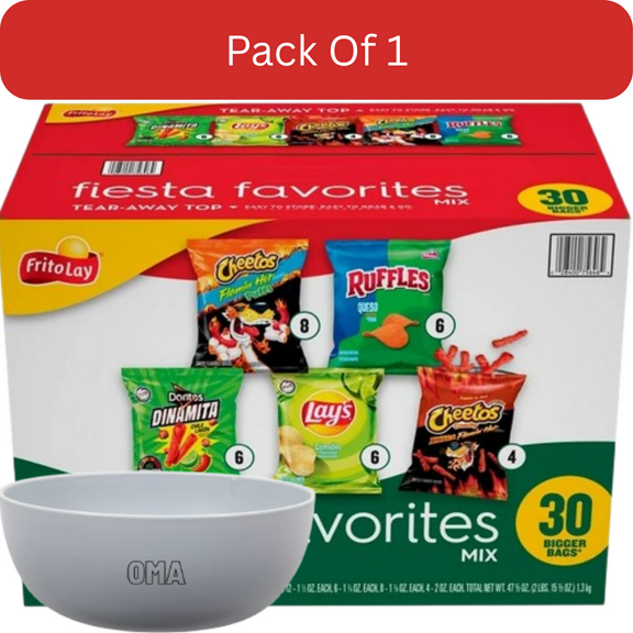 Frito-Lay Fiesta Favorites Mix Variety Pack 30 Single-Serve Bags, With Olive White Bowl By OMA