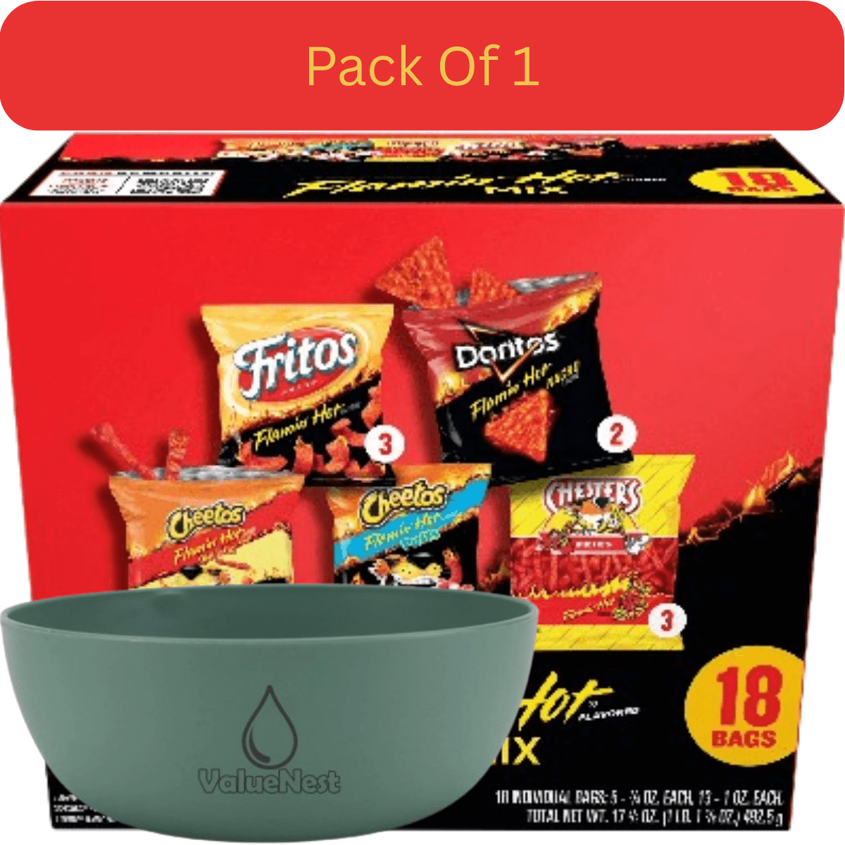 Frito-Lay Flamin' Hot Mix Variety Pack Snack Chips, 18 Count Multipack with Olive Green Bowl by ValueNest