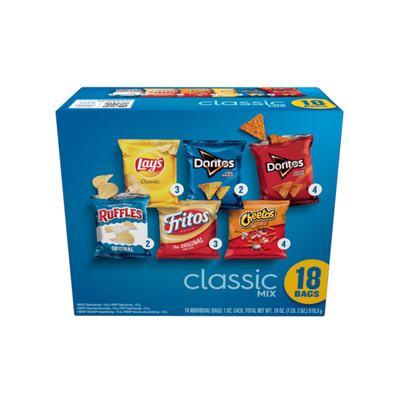 Frito-Lay Snacks Classic Mix Chips Variety Pack, Doritos, Lay's, Ruffles, Cheetos, Fritos, Individually Packaged, 18 Count