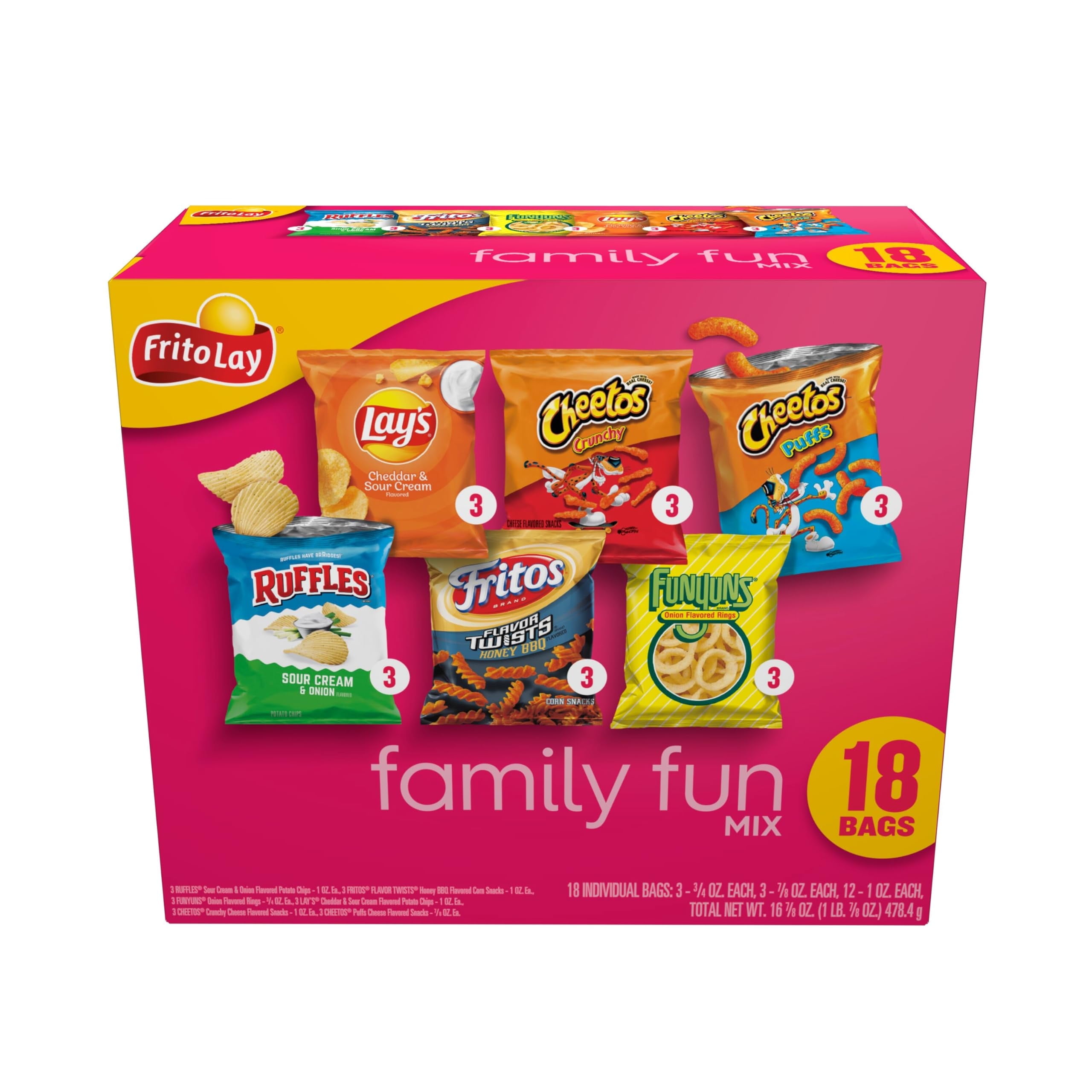 FritoLay Snacks Family Fun Mix Chips Variety Pack, Ruffles, Fritos