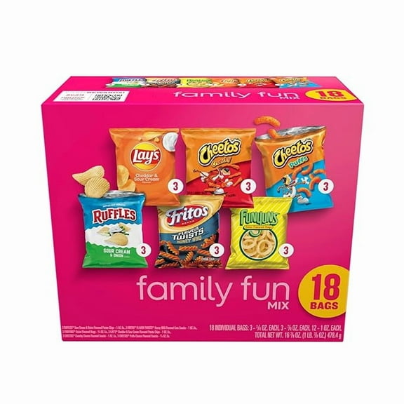 Frito-Lay Snacks Family Fun Mix Chips Variety Pack, Ruffles, Fritos, Cheetos, Lay's, Funyuns,18 Count(Pack of 1)(Assortment May Vary)