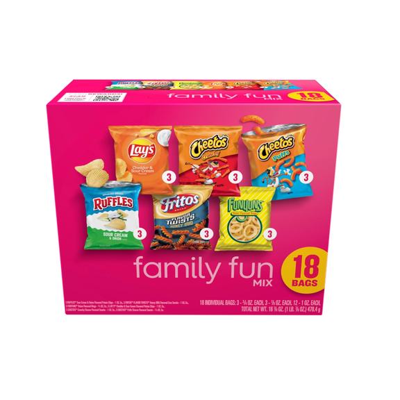 Frito-Lay Snacks Family Fun Mix Chips Variety Pack Ruffles Fritos Cheetos Lay's Funyuns 18 Count