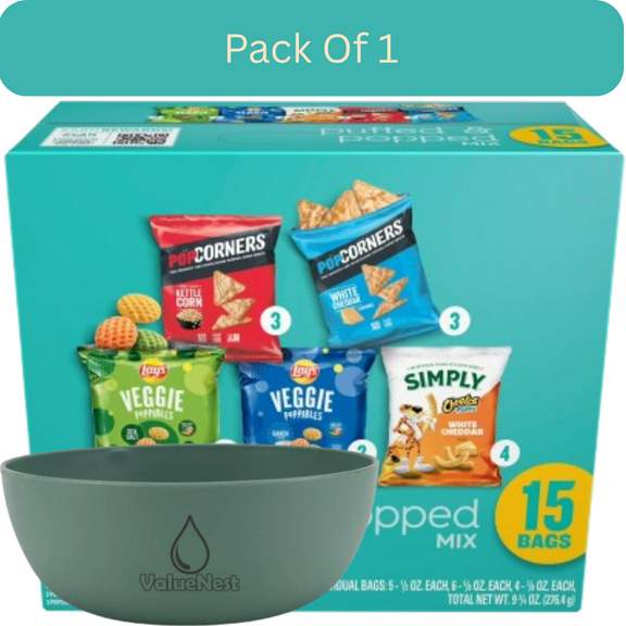 Frito-Lay Snacks Puffed & Popped Mix Variety Pack, 15 Count, 9.75 oz with Olive Green Bowl by ValueNest