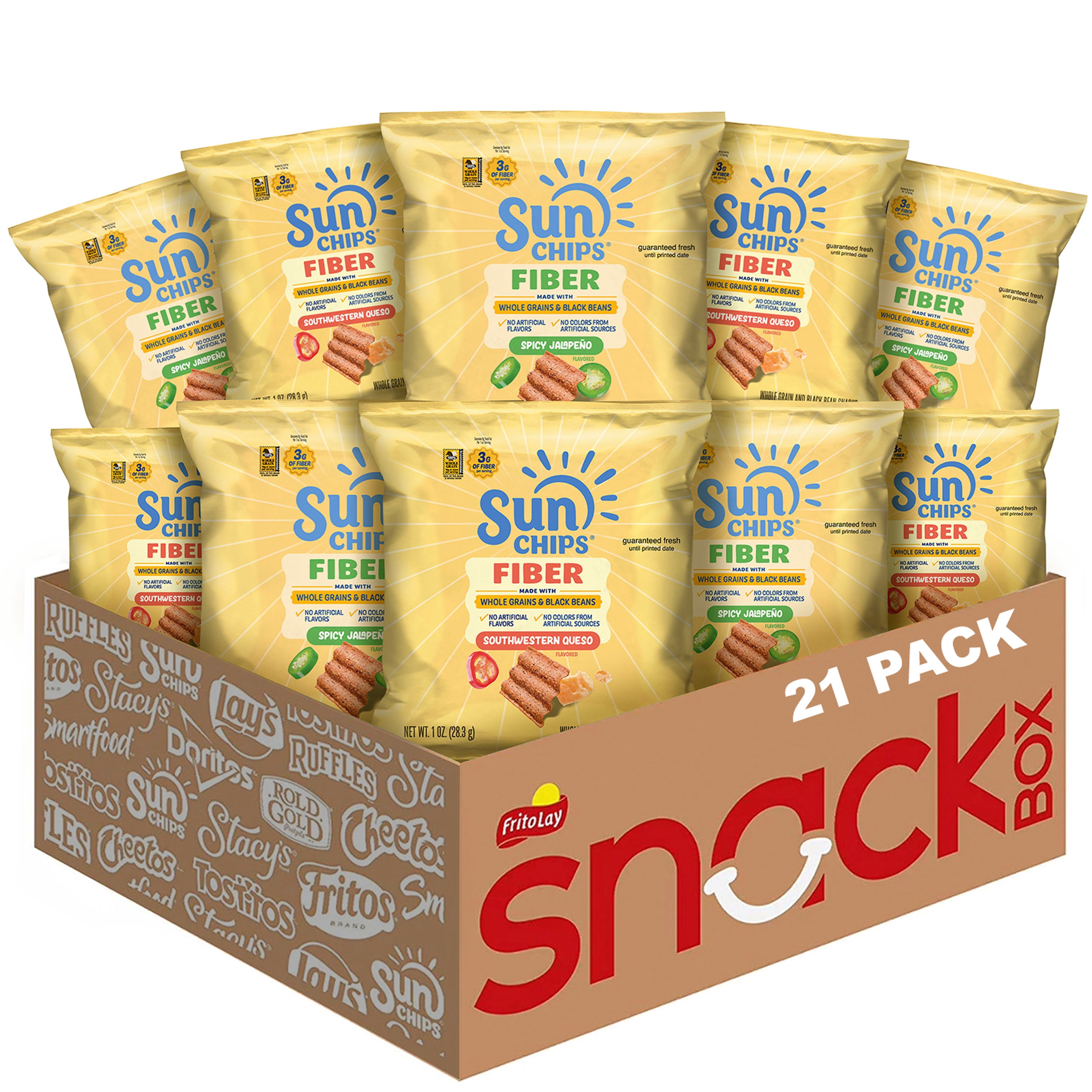 SunChips Whole Grains and Black Bean Fiber Snacks Variety pack, Spicy Jalapeno and Southwestern Queso (21 count)