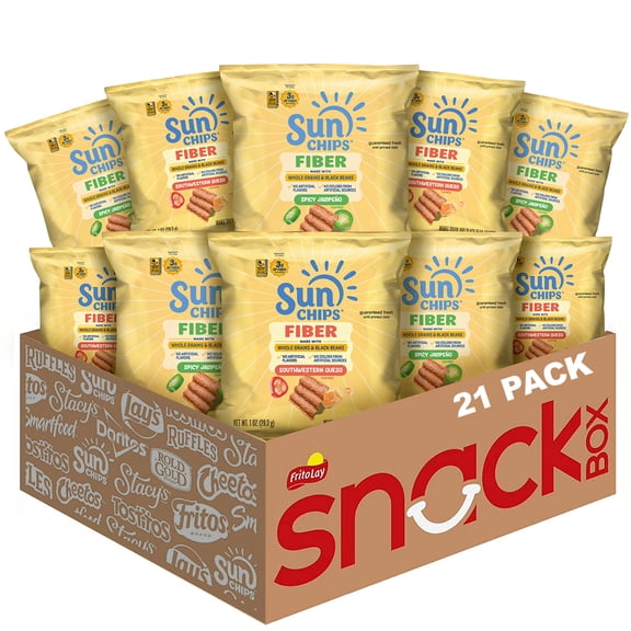 SunChips Whole Grains and Black Bean Fiber Snacks Variety pack, Spicy Jalapeno and Southwestern Queso (21 count)