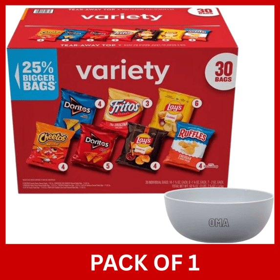 Frito-Lay Variety Pack Chips & Snacks, 30 Count Single Serve Bags with Bowl
