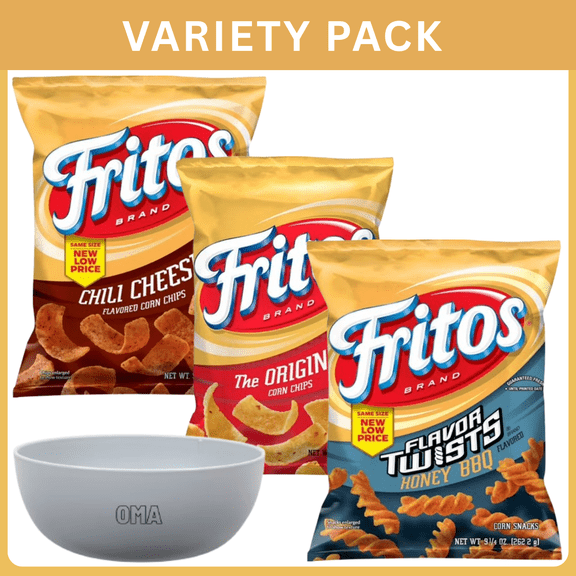 Fritos Corn Chips Chili Cheese Flavored Snack Chips 9.25 oz + Fritos Flavor Twists Honey BBQ Flavored Corn Snacks 9.25 oz + Fritos Scoops Corn Chips 9.25 oz ,Variety Pack with Bowl by OMA.