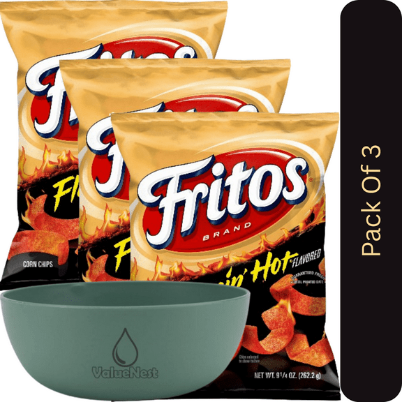 Fritos Flamin Hot Corn Chips Spicy Crunch Snack 9.25 oz Bag with Olive Green Bowl by ValueNest