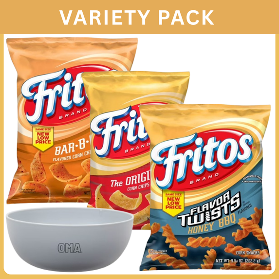 Fritos Flavor Twists Honey BBQ Flavored Corn Snacks 9.25 oz + Fritos Corn Chips BBQ Flavor Snack Chips 9.25 oz + Fritos Original Corn Chips 9.25 oz, Variety Pack with Bowl by OMA.