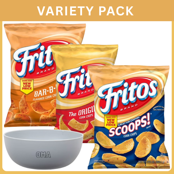 Fritos Scoops Corn Chips 9.25 oz + Fritos BBQ Flavor Snack Chips 9.25 oz + Fritos Original Corn Chips 9.25 oz ,Variety Pack with Bowl by OMA.