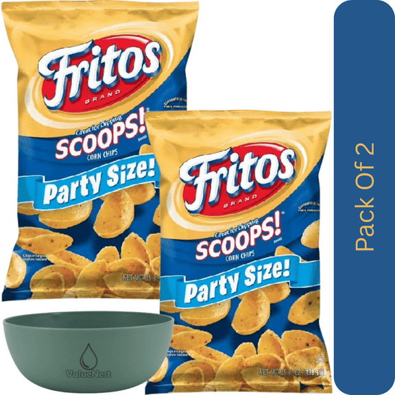 Fritos Scoops! Party Size Corn Chips, Perfect for Dips & Sharing, 15.5 oz With Olive Green Bowl By ValueNest