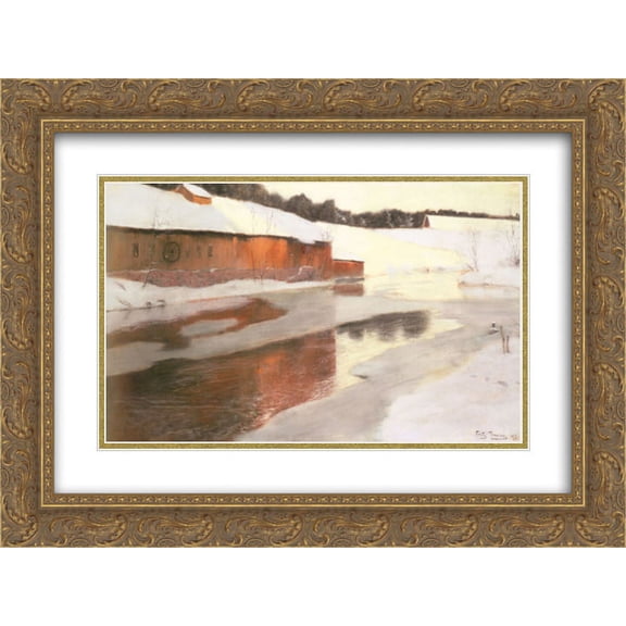Frits Thaulow 2x Matted 24x18 Gold Ornate Framed Art Print 'A Factory Building near an Icy River in Winter'