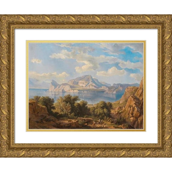 Fritz Bamberger 24x20 Gold Ornate Framed and Double Matted Museum Art Print Titled - A View of Capo Miseno with Vesuvius in the Background