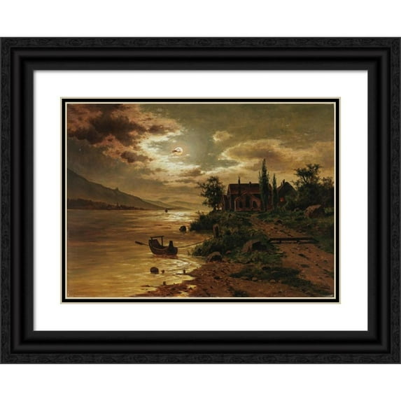 Fritz Chwala 24x18 Black Ornate Framed Double Matted Museum Art Print Titled: A Lake Landscape in the Moonlight