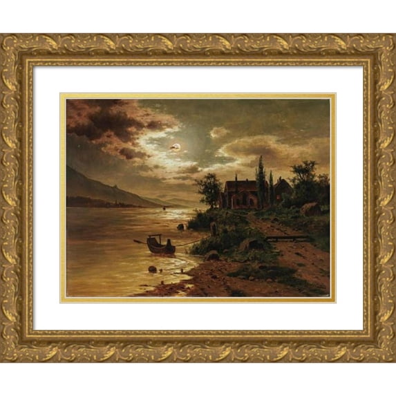 Fritz Chwala 24x18 Gold Ornate Framed and Double Matted Museum Art Print Titled - A Lake Landscape in the Moonlight