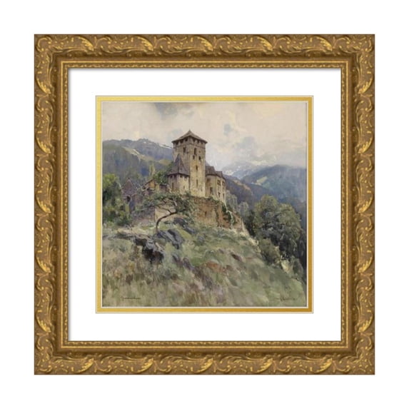Fritz Lach 13x12 Gold Ornate Wood Frame and Double Matted Museum Art Print Titled - Burg Groppen Tonsin's Bei Overvelach (1924)