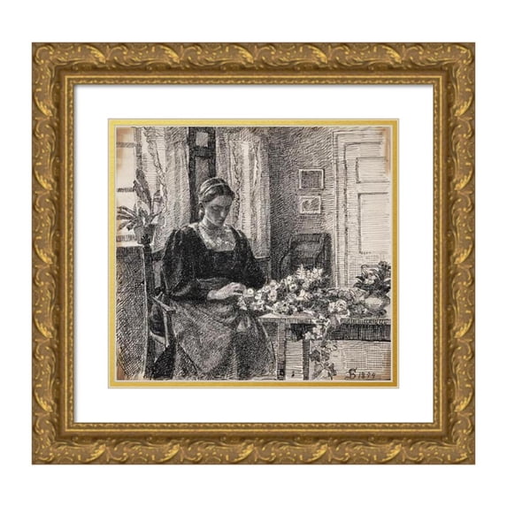 Fritz Syberg 22x20 Gold Ornate Framed and Double Matted Museum Art Print Titled - My Wife (Mrs. Anna Syberg) Binds Krans (1893 - 1894)