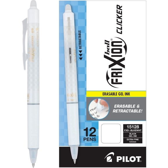 Pilot FriXion Clicker Erasable Gel Pens, 0.7mm Fine Point, Black Ink, White Barrel, 12 Pack