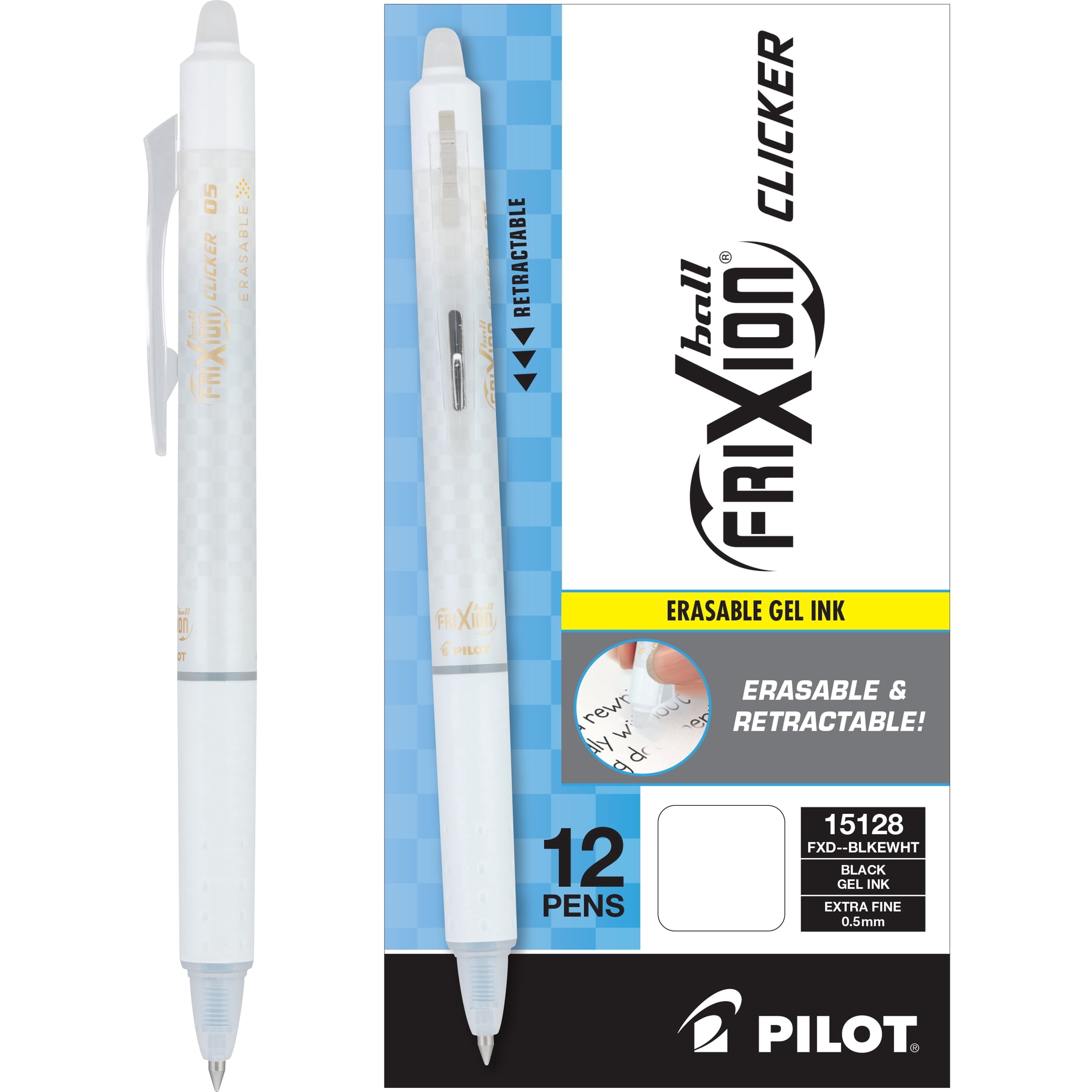 Pilot FriXion Clicker Erasable Gel Pens, 0.7mm Fine Point, Black Ink, White Barrel, 12 Pack