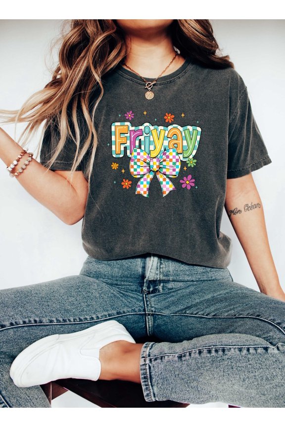 Friyay Coquette Bow Teacher Graphic Design Casual T-Shirt